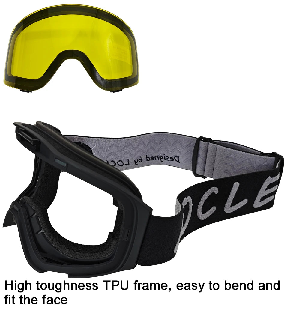 LOCLE Flip Up Magnetic Ski Goggles Men Women Snowboard Mask Anti-Fog Skiing Eyewear UV400 Snow Protection OTG Over The Glasses