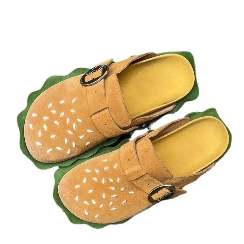 New Lazy Slippers Hamburger Sandals Lover Cute Cosplay Costumes Shoes Loafers Indoor Slippers Cow Suede Casual Comfort Men Women