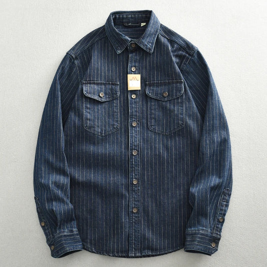 17oz Heavyweight Retro Casual Wear Men's Shirt Coat Washed Denim Cargo Jeans Oversized Tops Vertical Stripped Long Sleeve Male