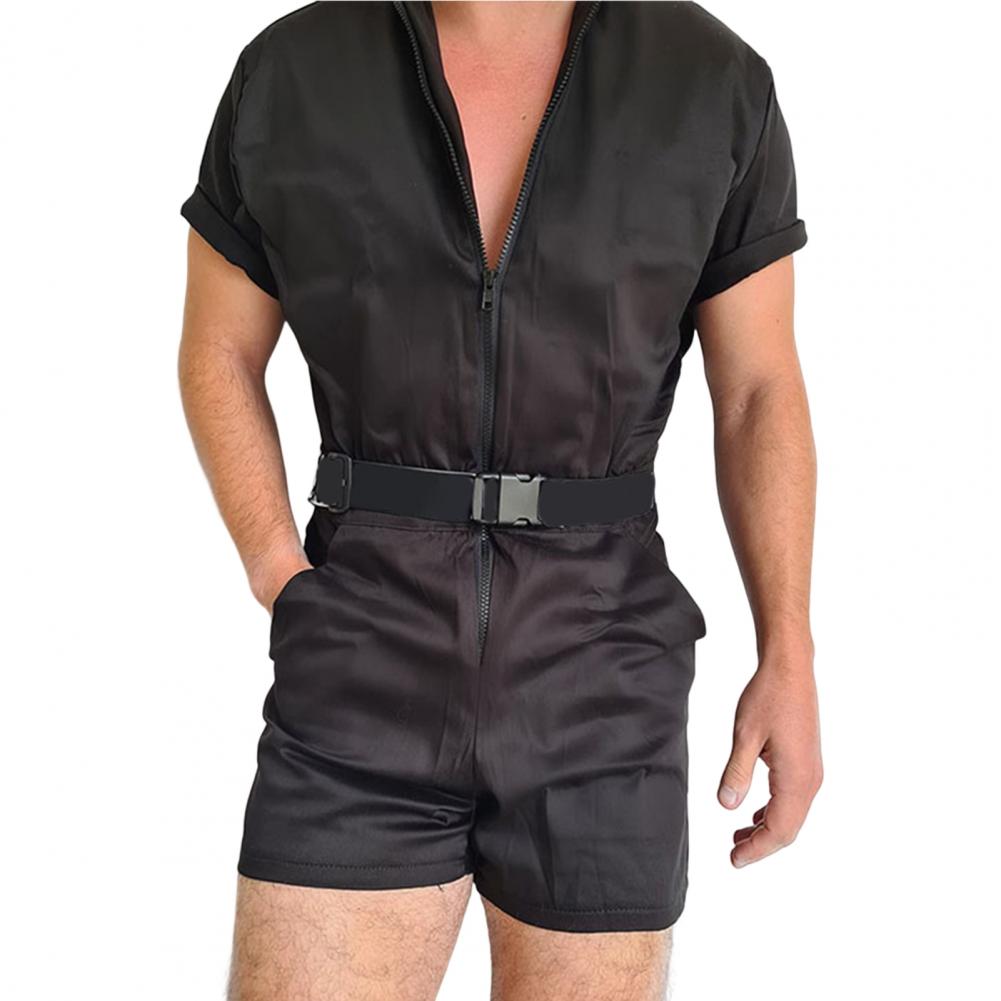 Mens Causal Solid Color Jumpsuit Fashion Male Summer Short Sleeve Zipper Overall Streetwear Slim Shorts Fine Stitching Rompers