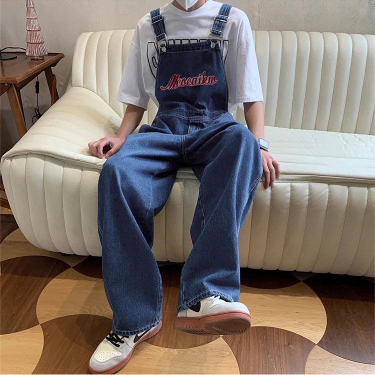 American retro denim overalls men's design sense niche Japanese casual loose couple straight work overalls vintage jeans men