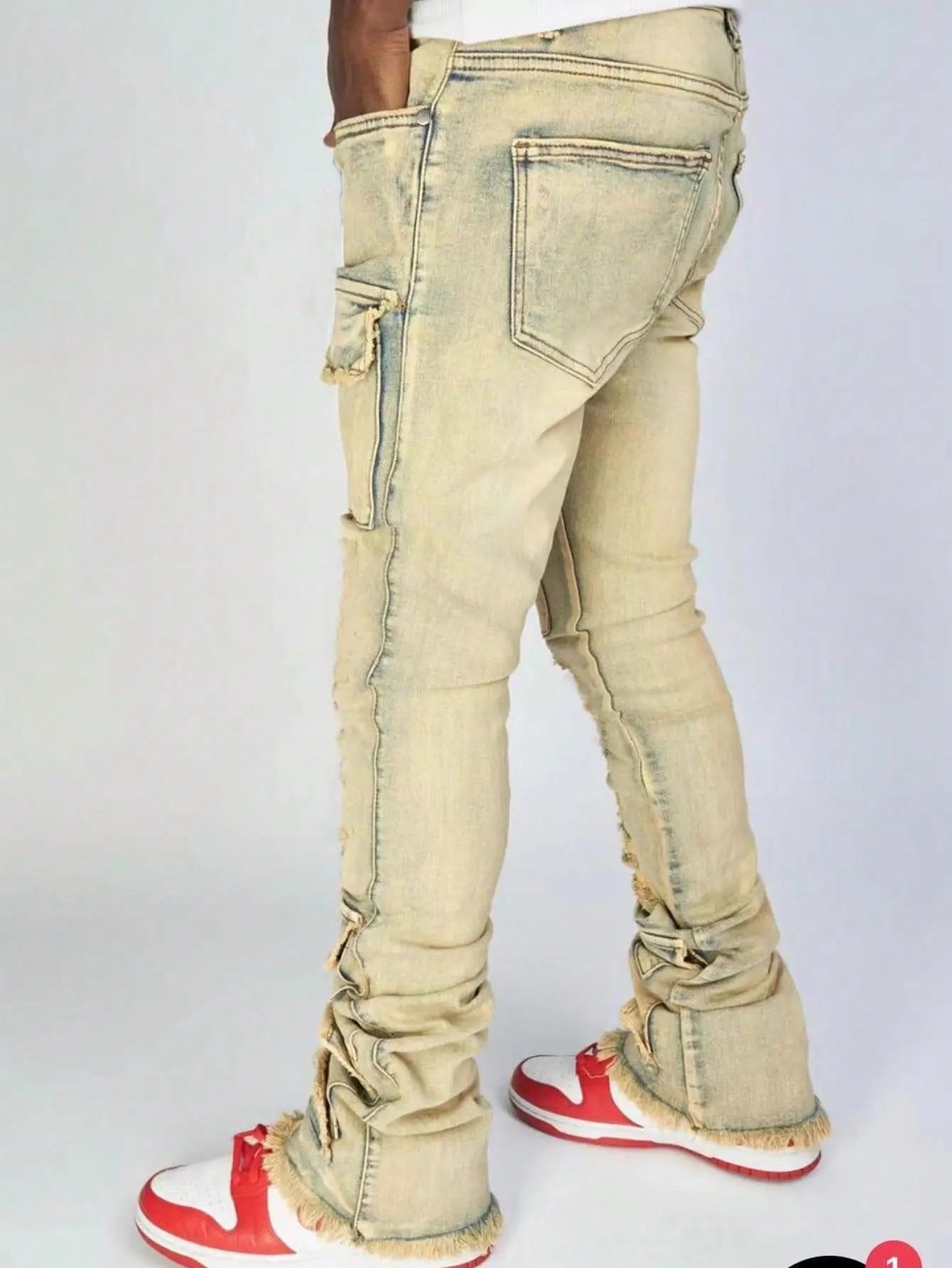 Men Jeans Long Pant Denim Flare Pants Hole Straight Trousers Slim Fit High Waist Casual Button Pocket Splice Autumn Winter