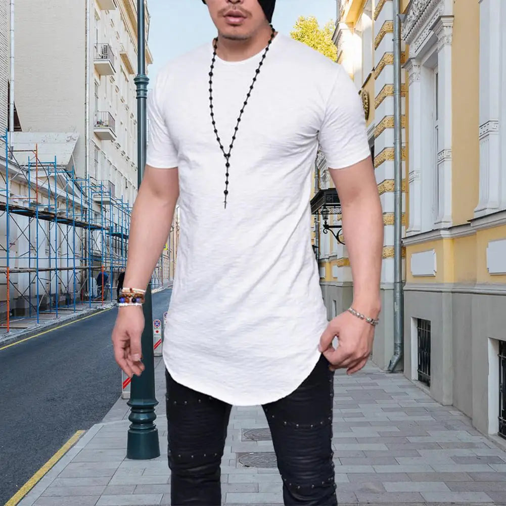 Trendy Men T-shirt Irregular Hem Men Summer T-shirt Slim Fit Crew Neck Men Summer T-shirt  Match Pants