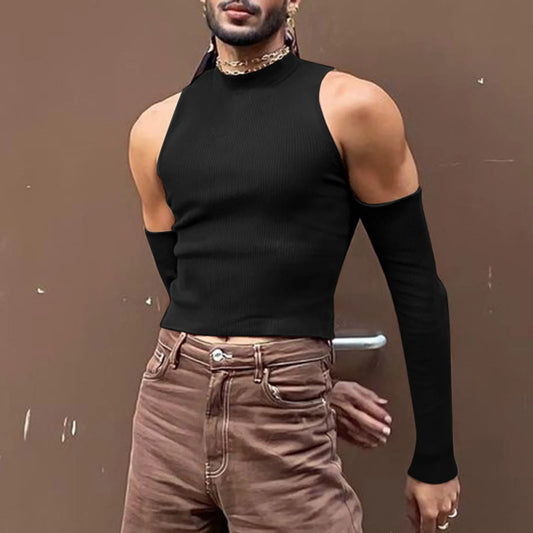 Men Hollow Out Long Sleeve T Shirt Casual Turtleneck Sweatshirt Streetwear Sexy Crop Off Shoulder Tops Summer