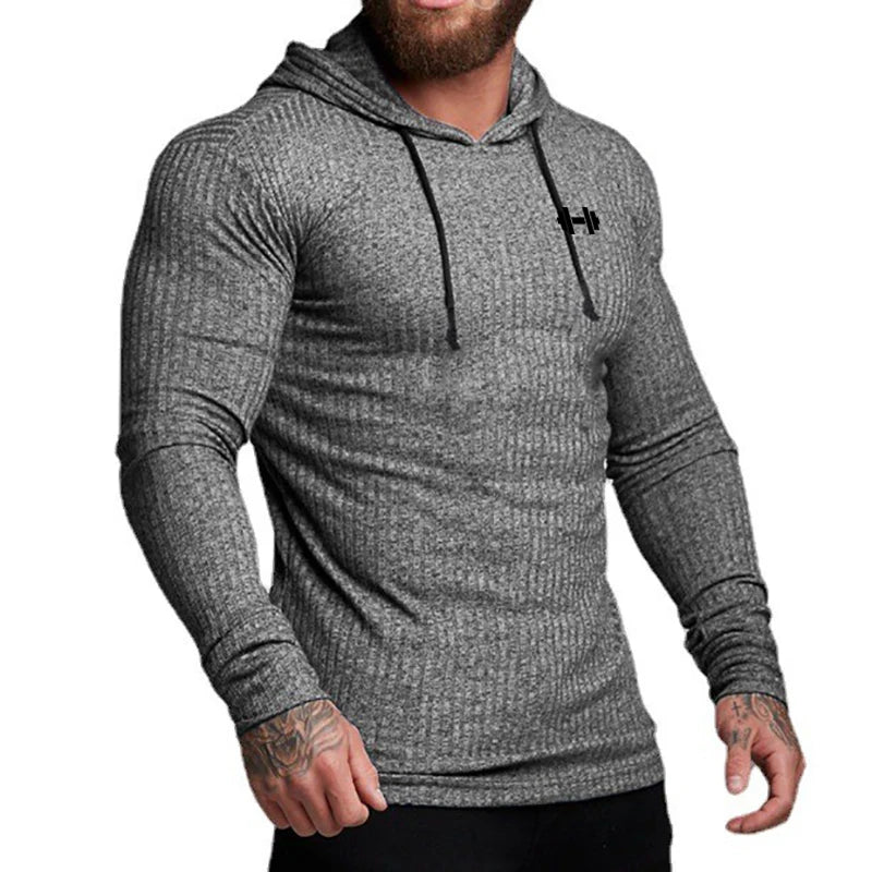 Autumn Breathable Quick Dry Knitted Hooded Shirt Men Fitness Sport Long Sleeve Hoodie Gym Bodybuilding Muscle Slim Fit Pullovers