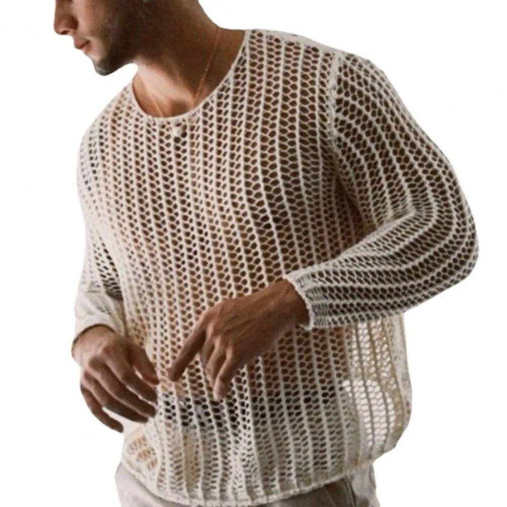 Knit Mesh Top Men Transparent Sexy See Through Men Long Sleeve Tee Streetwear Men's Clothing Fishnet Muscle Undershirts