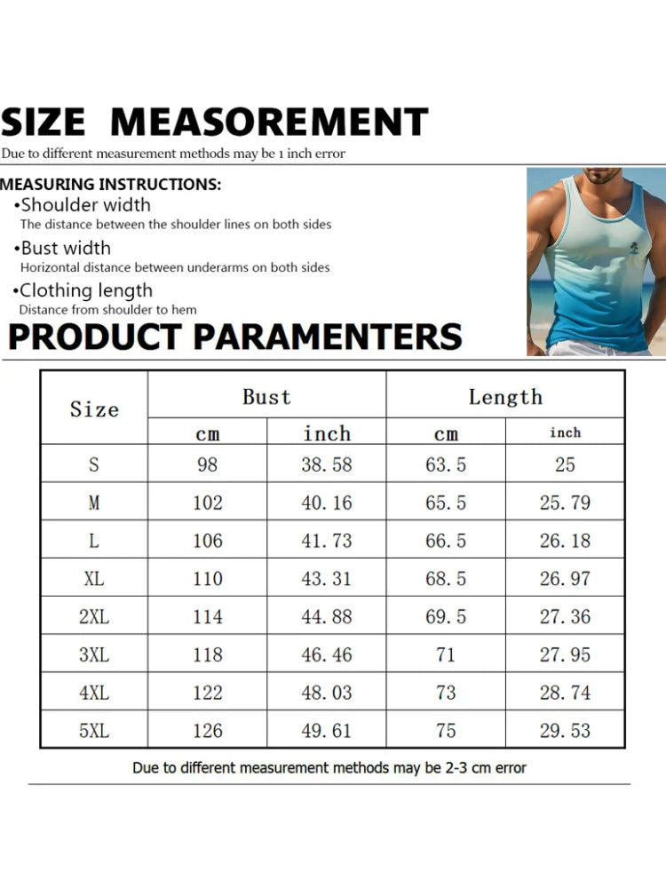 New Summer Men's Sleeveless T-Shirt Men's Outdoor Hawaii Classic Travel Wear Plus-Size Round Neck Palm Leaf 3D Printed Vest
