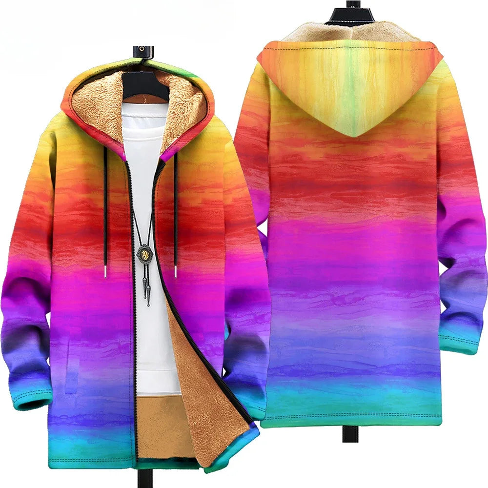 Men Cardigans Coats Wave Art Graphics Printed Japanese Style Plush Thick Winter Jackets Casual Streetwear for Unisex Clothing