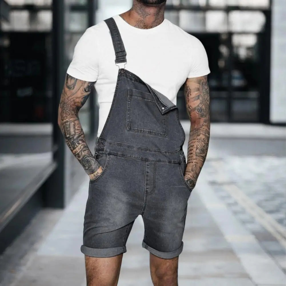 Stylish Temperament Solid Color Summer Hip Hop Adjustable Short Jean Jumpsuits Jeans Overall Shorts Shoulder Straps