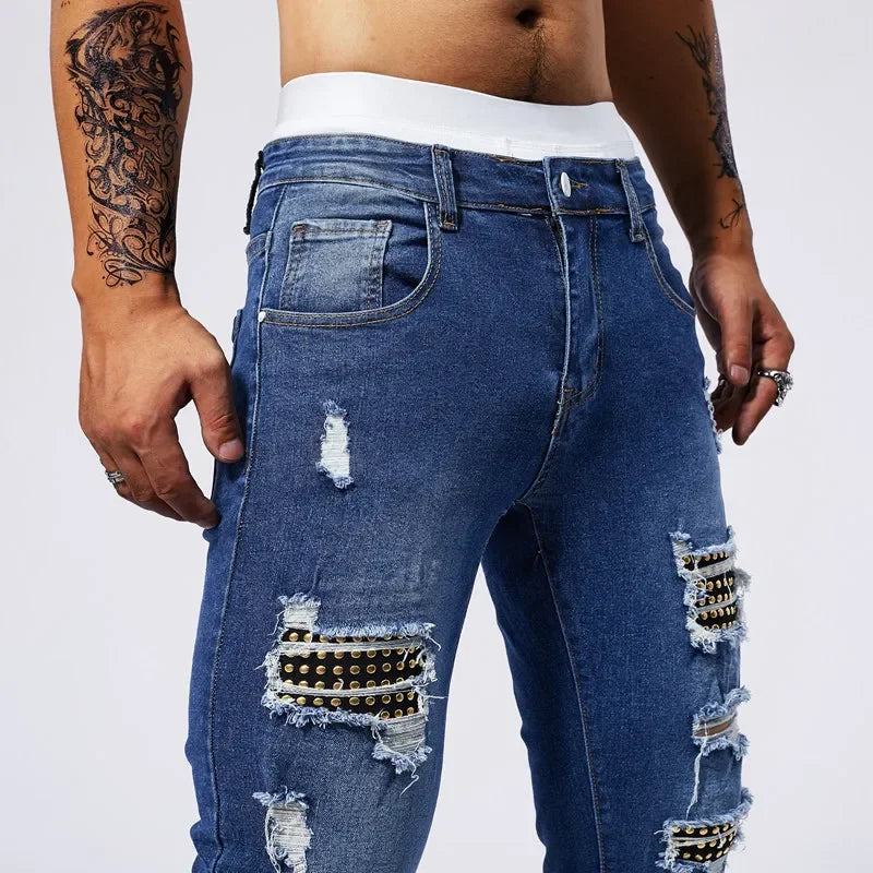 Jeans Ripped Patchwork Men's Blue Elastic Slim Straight Denim Pants Fashion Joggers Biker Trousers Hip Hop Rock Streetwear