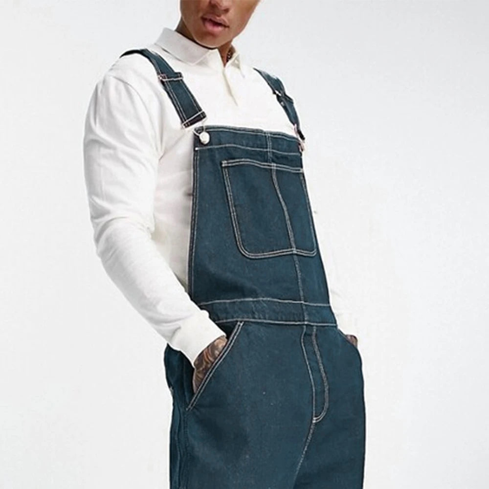 Men's Suspenders American Retro Denim Overalls Bibs Wear-Resistant Slash Pocket Baggy Jumpsuit for Men Streetwear Wide Leg Jeans