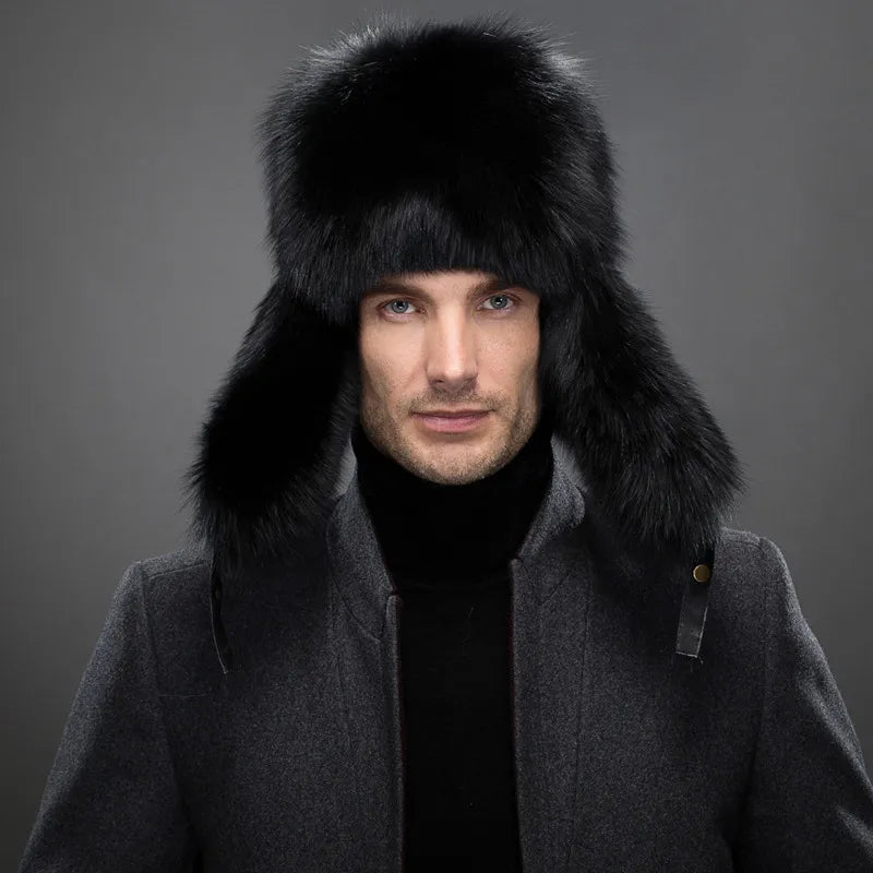 Hot high-end luxury fur hat Men's fox fur hat Lei Feng cap ear cap fur necessary hat Real fur hat 100% Sheepskin top fox hat