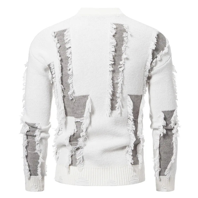 Fashion 2025 Autumn and Winter New Men's Sweater Color-blocked Ripped Round Neck Long Sleeve Base Shirt Knitted Sweater
