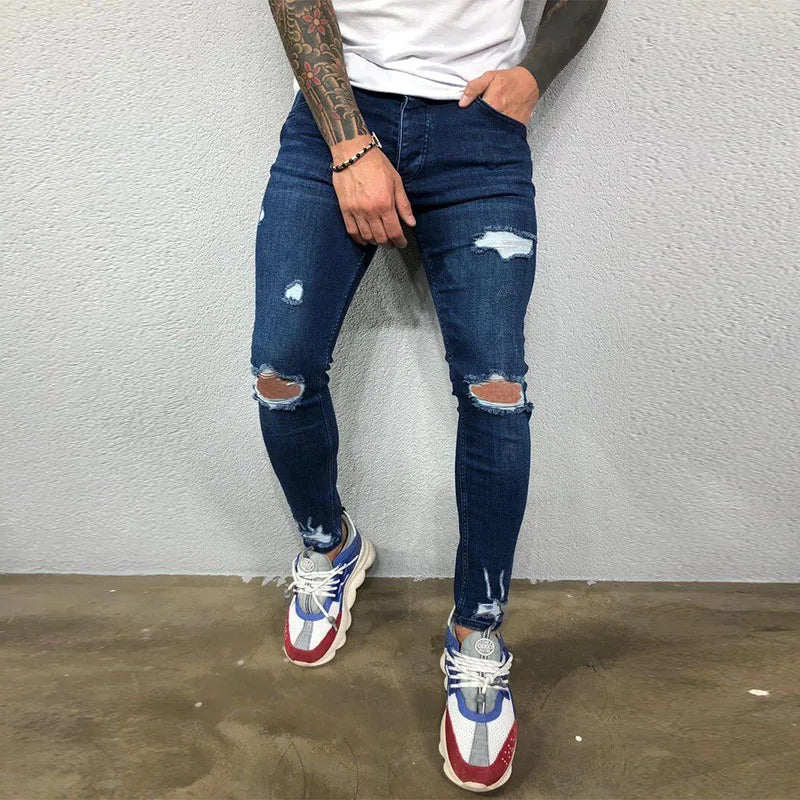 High Quality Fashion European American Classic Solid Washing Denim Pants Casual Men's Stretch Trouser Blue Skinny Jeans Men