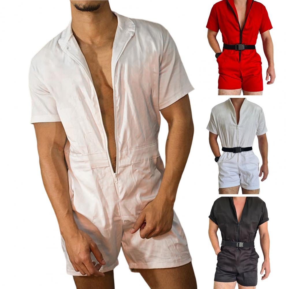 Mens Causal Solid Color Jumpsuit Fashion Male Summer Short Sleeve Zipper Overall Streetwear Slim Shorts Fine Stitching Rompers