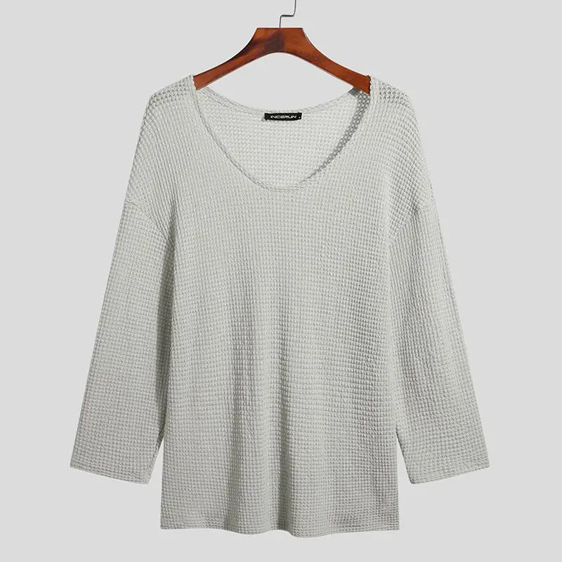 INCERUN Men T Shirt Solid Color Knitted V Neck Long Sleeve Casual Men Clothing Streetwear 2023 Hollow Out Loose Camisetas S-5XL