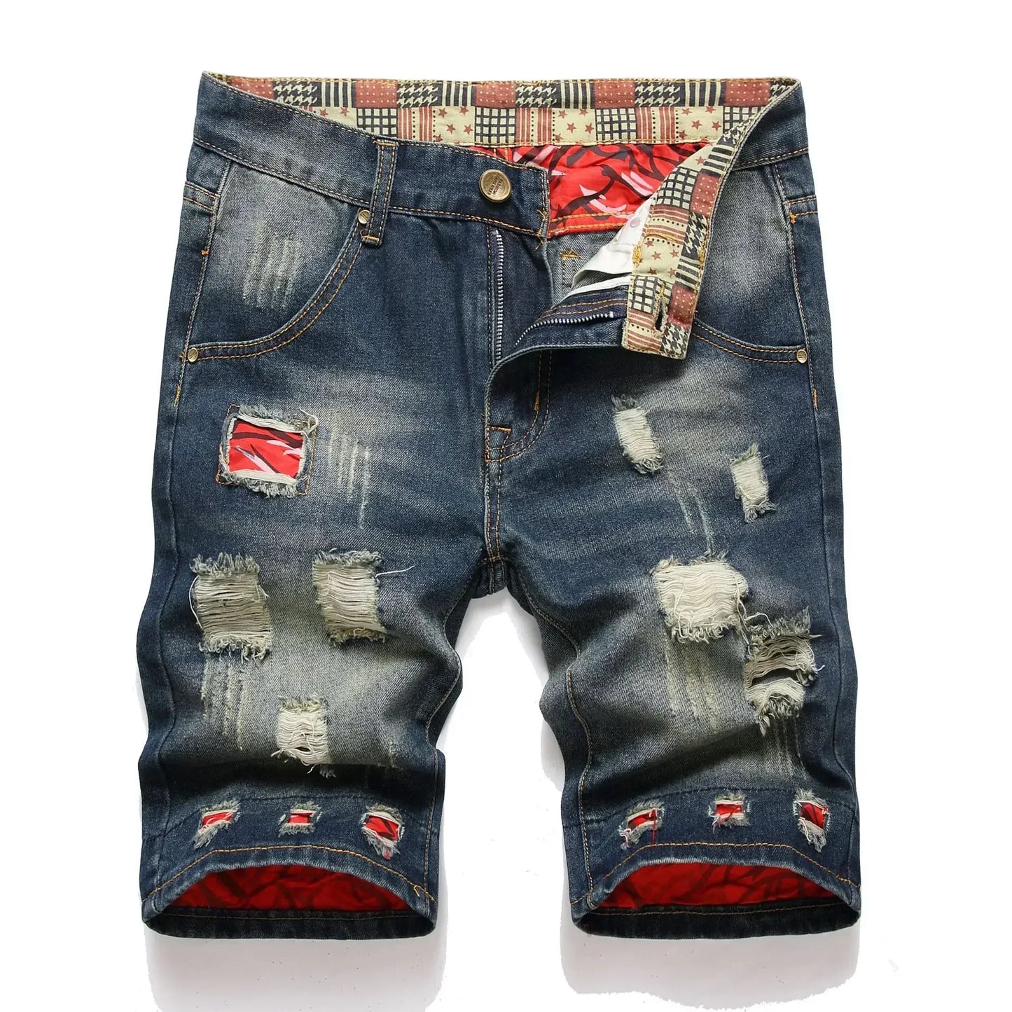 New Summer Vintage Washed Men Denim Shorts Casual Fashion Street Wear Ripped Hole Patches Distressed Male Straight Jeans Shorts