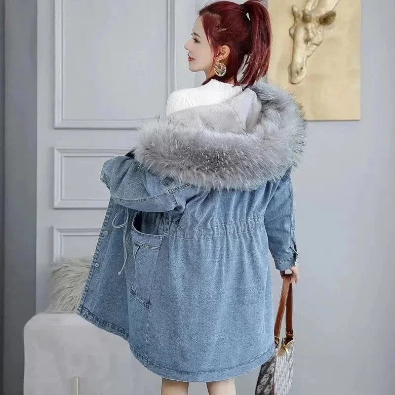 Women's Jeans Coat 2023 New Winter Coats Thick Wool Denim Jacket Korea Loose Hooded Fur Collar Long Clothes Outerwear Female