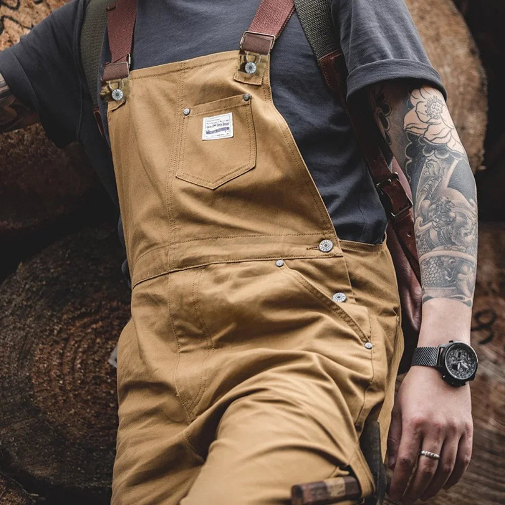 Mens Cargo Pants Japanese Retro Overalls Khaki Suspenders Spring Canvas Male Fashion Large Size Full Length Trousers