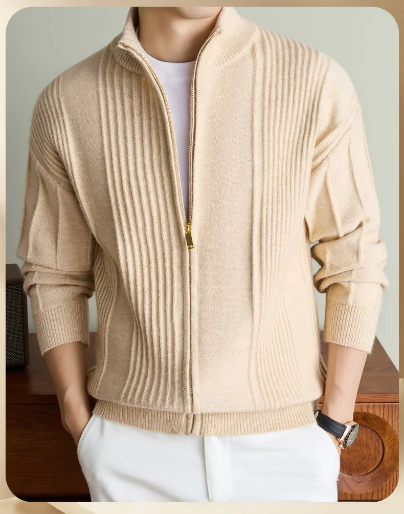 Luxury New Men's knitted sweater coat fashion jacquard zipper half high collar thicken warm soft comfort solid color cardigan