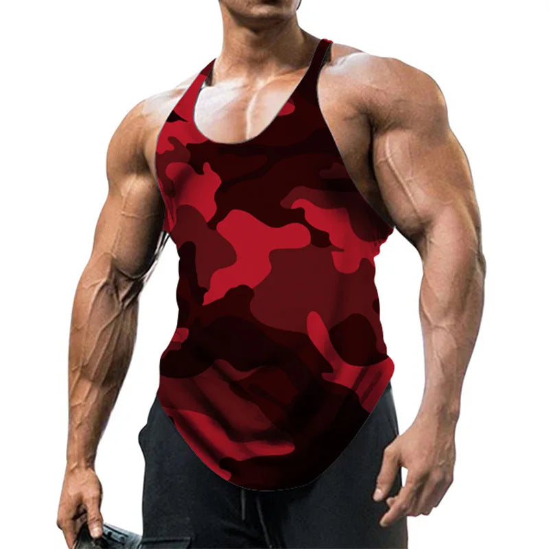 Men's Back Gym Stringer Tank Top Camouflage Top Breathable Bodybuilding Gym Vest Sleeveless Men T-shirt Crew Neck Fitness Tee