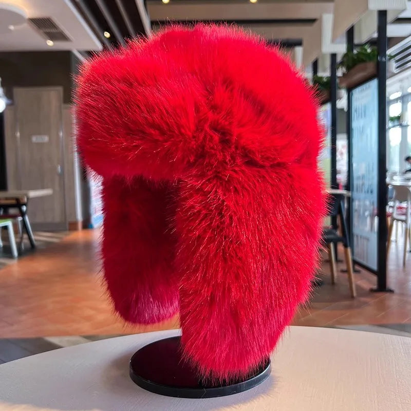 Thicken Winter Faux Fur Mink Plush Lei Feng Hat for Women Outdoor Skiing Cycling Cap Warm Ear Protection Cold Proof Russian Hat