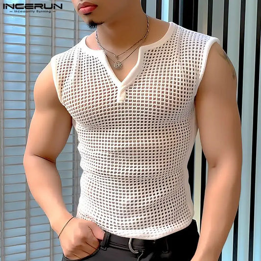 2024 Men Tank Tops Mesh Hollow Out Solid V Neck Sleeveless Summer Male Vests Streetwear Transparent Fashion Men Clothing INCERUN