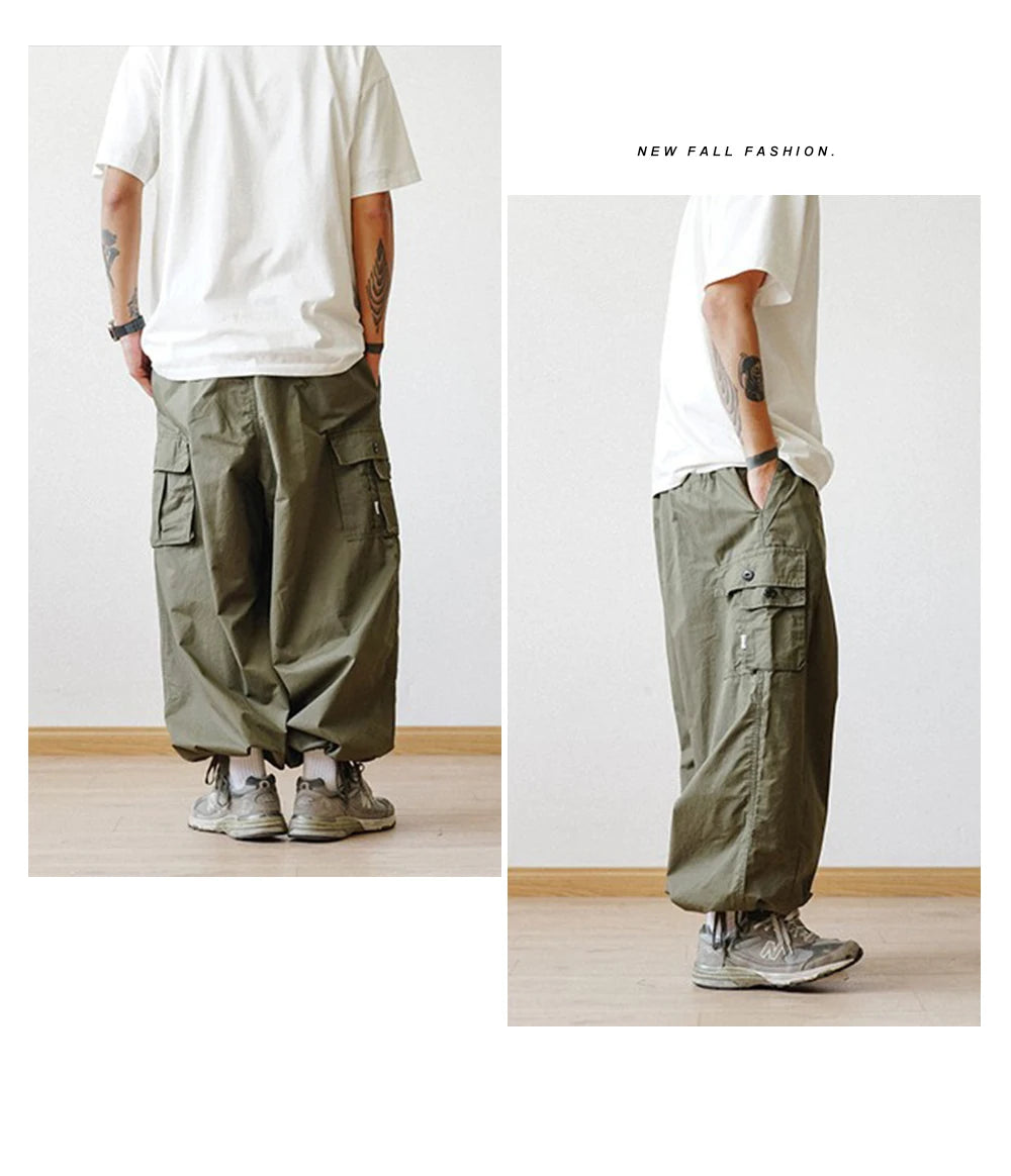 Multi-Pocket Oversized Cargo Pants Mens Casual Solid Thin Baggy Wide Leg Ankle Trousers Man Jogger Pants Harem Lantern Pants