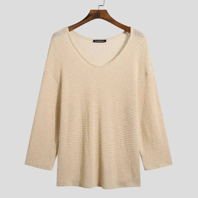 INCERUN Men T Shirt Solid Color Knitted V Neck Long Sleeve Casual Men Clothing Streetwear 2023 Hollow Out Loose Camisetas S-5XL