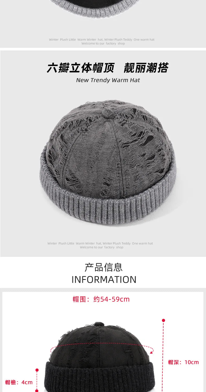 Men's Beanie Cap Knit Hat Boy Skullcap Sailor Cap Cuffs Solid Color Unisex Autumn Warm Cap Korean Version Small Face Cold Hat