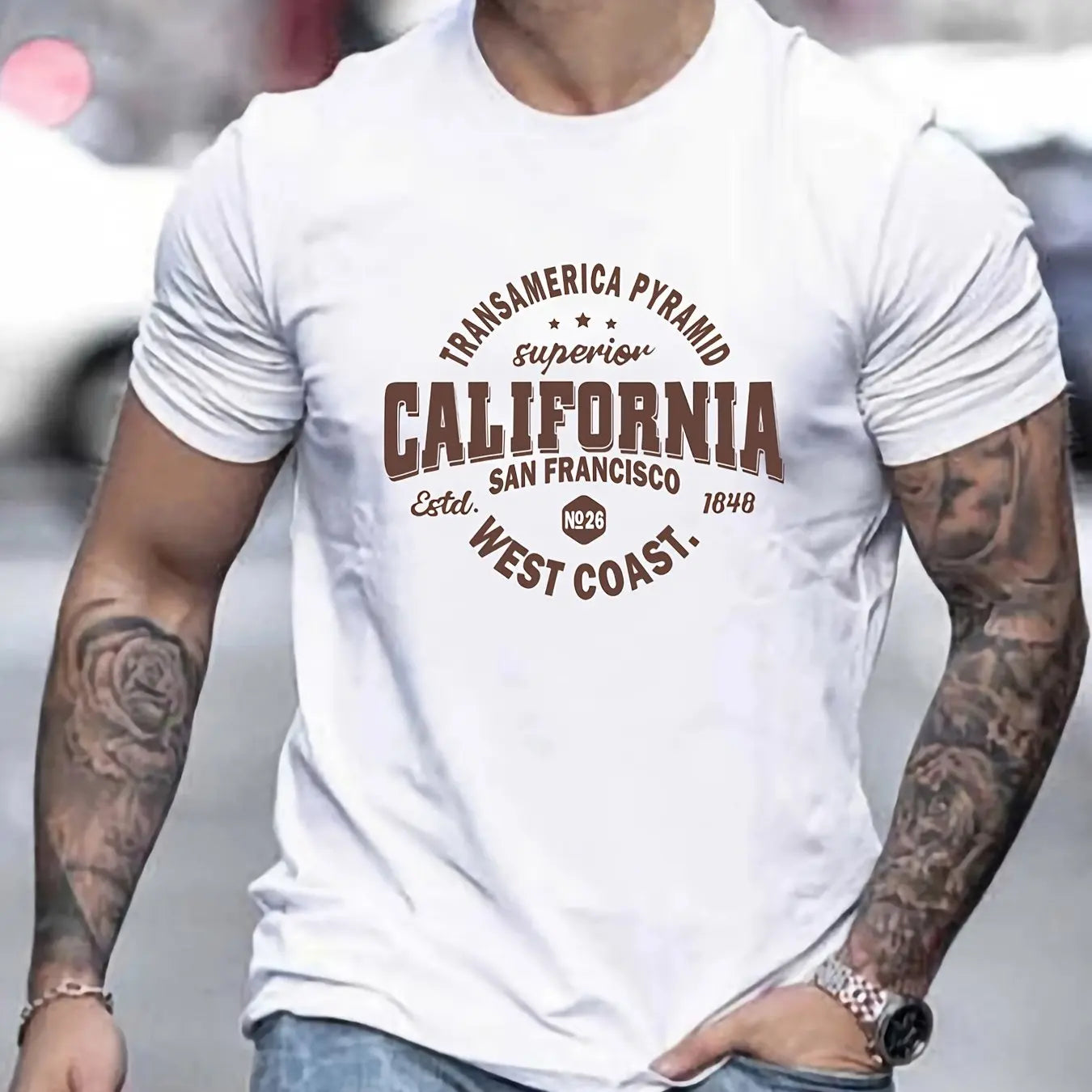 Men's 100% cotton casual sports loose fit California West Coast print round neck short sleeved T-shirt top