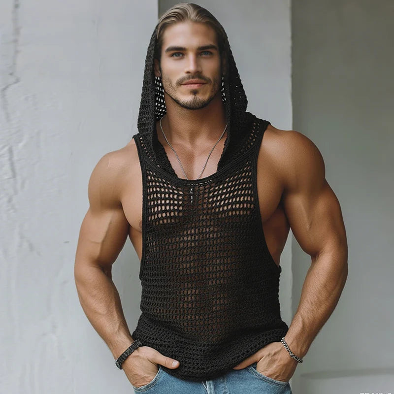 INCERUN Men Tank Tops Mesh Hollow Out Sexy See Through Hooded Sleeveless Male Vests Solid Streetwear Fashion Men Clothing S-3XL