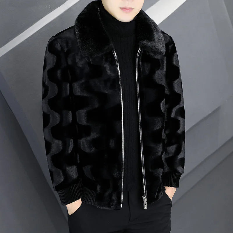 Men's Winter Faux Fur Coat High-End Zipper Thickened Warm Turn Down Collar Jacket Man Black Short Imitation Mink Hair Outwear
