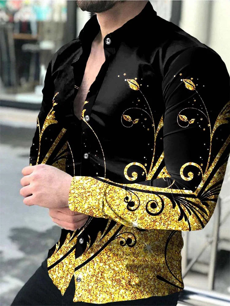 New Hawaiian Shirts Luxury Gold Pattern Shirts Men's Fashion Casual Shirts Long Sleeves Lapel Beach Shirts Men's Clothing