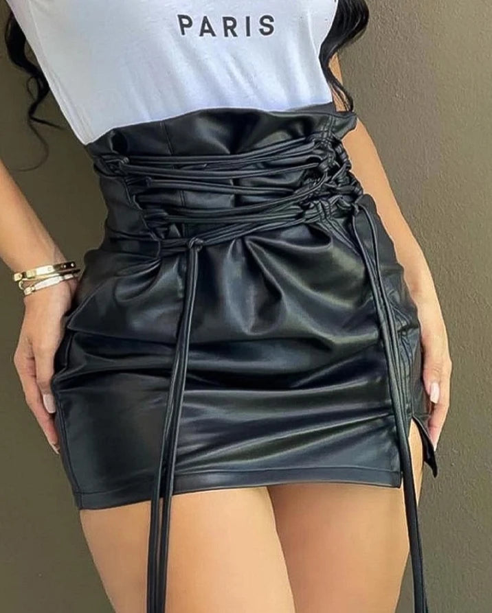 Women's Motorcycle Skirt 2024 Summer Latest Fashion Urban Style Lace Up High Waist Pu Leather Mini Skirt Versatile Slit Skirt