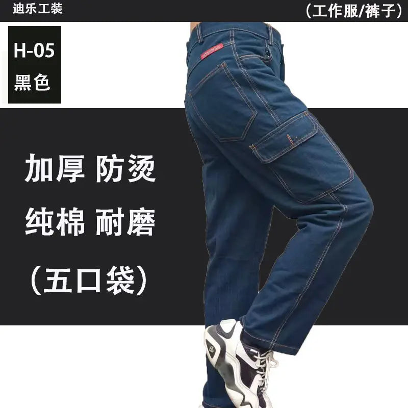 Overalls Pants Men's Clothing Trousers Wear-Resistant Anti-Scald Thickening Cotton Workwear Denim Work Pants Multiple pockets