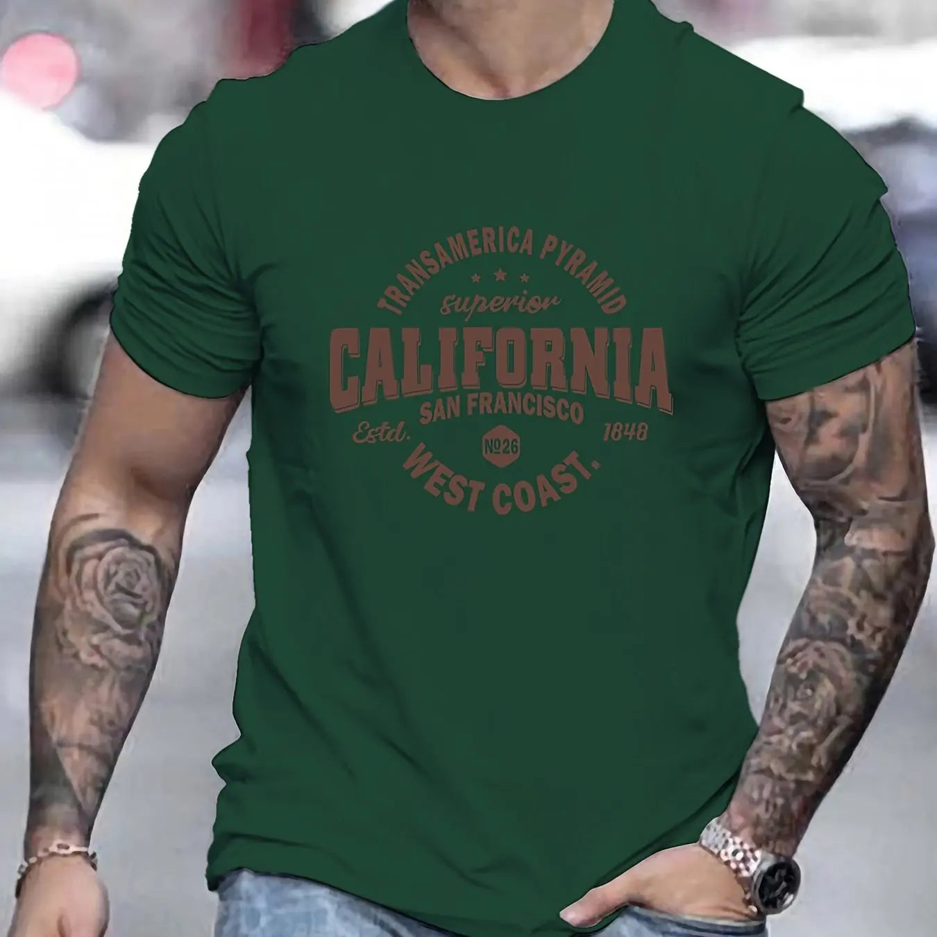 Men's 100% cotton casual sports loose fit California West Coast print round neck short sleeved T-shirt top