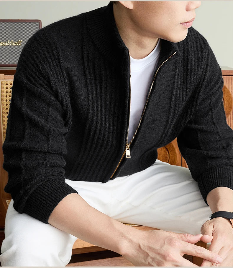 Luxury New Men's knitted sweater coat fashion jacquard zipper half high collar thicken warm soft comfort solid color cardigan
