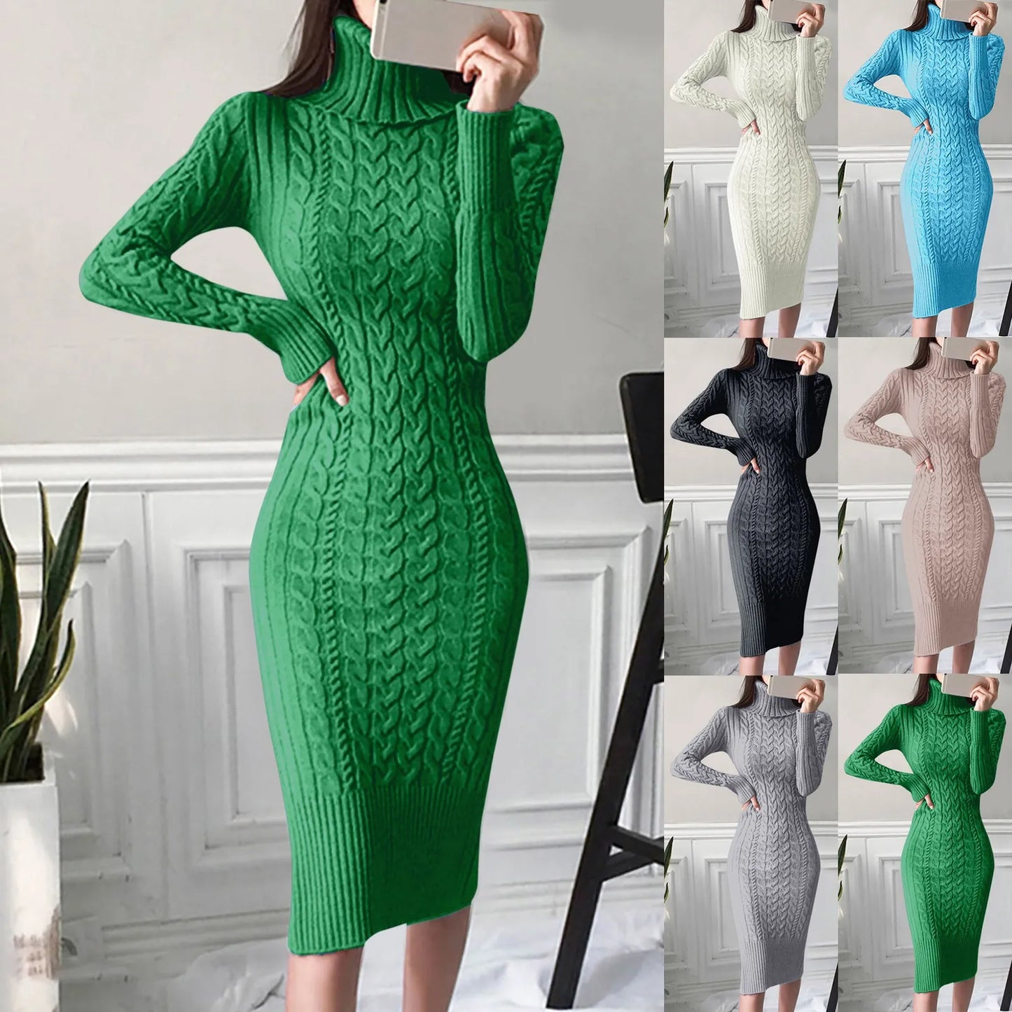 Women's Knitted Dress Turtleneck Long Sleeve Slim and Slim Mid-length Over-the-knee Dress In Autumn Winter Long Dress Sweater