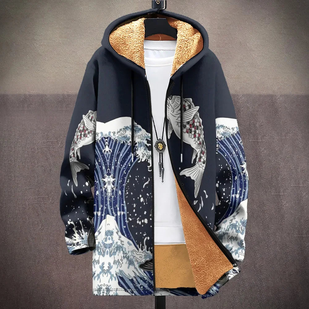 Men Cardigans Coats Wave Art Graphics Printed Japanese Style Plush Thick Winter Jackets Casual Streetwear for Unisex Clothing