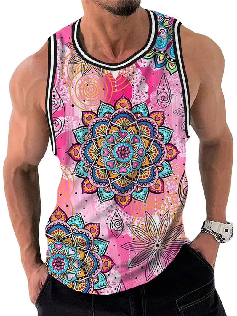 Mens Retro Ethnic Graphic Tank Tops Summer Casual Crew Neck 3D Printed Sleeveless Vest Fashion Breathable Sports Tees Tops