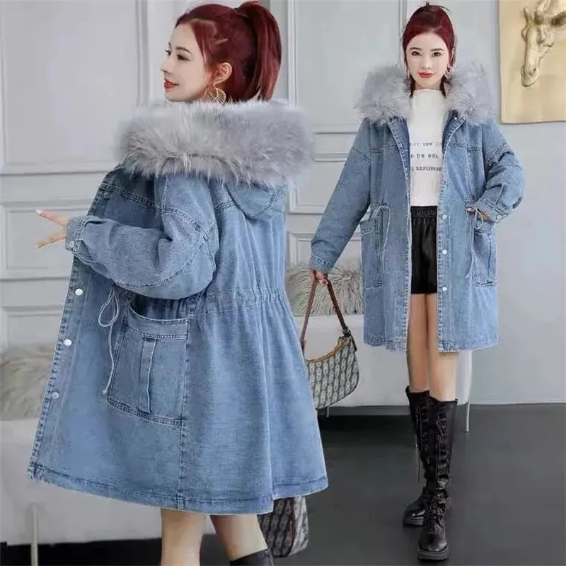 Women's Jeans Coat 2023 New Winter Coats Thick Wool Denim Jacket Korea Loose Hooded Fur Collar Long Clothes Outerwear Female