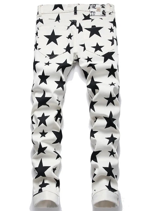 2022 New European American Men White Jeans Spring Star Printing Pants Men's Slim Fashion Stretch Casual Denim Trousers