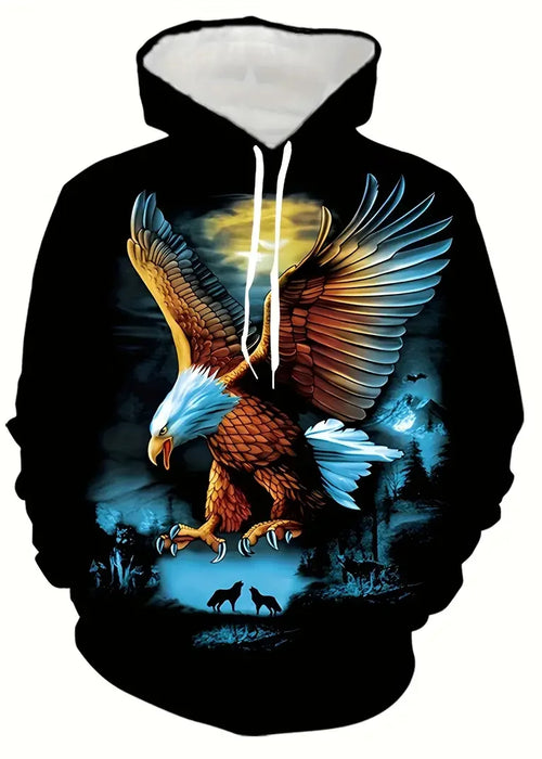 Men's Stylish Loose Eagle Pattern Hoodie With Pockets,Casual Stretch Long Sleeve Hooded Sweatshirt For Outdoor Activities