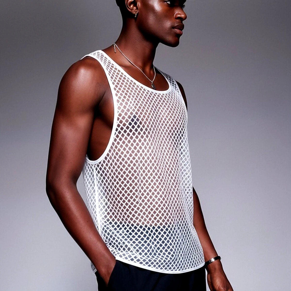 JOCKMAIL Men Tank Tops Mesh Hollow Out O-neck Sleeveless Male Vests Streetwear Summer Sexy See Through Fashion Men Clothing