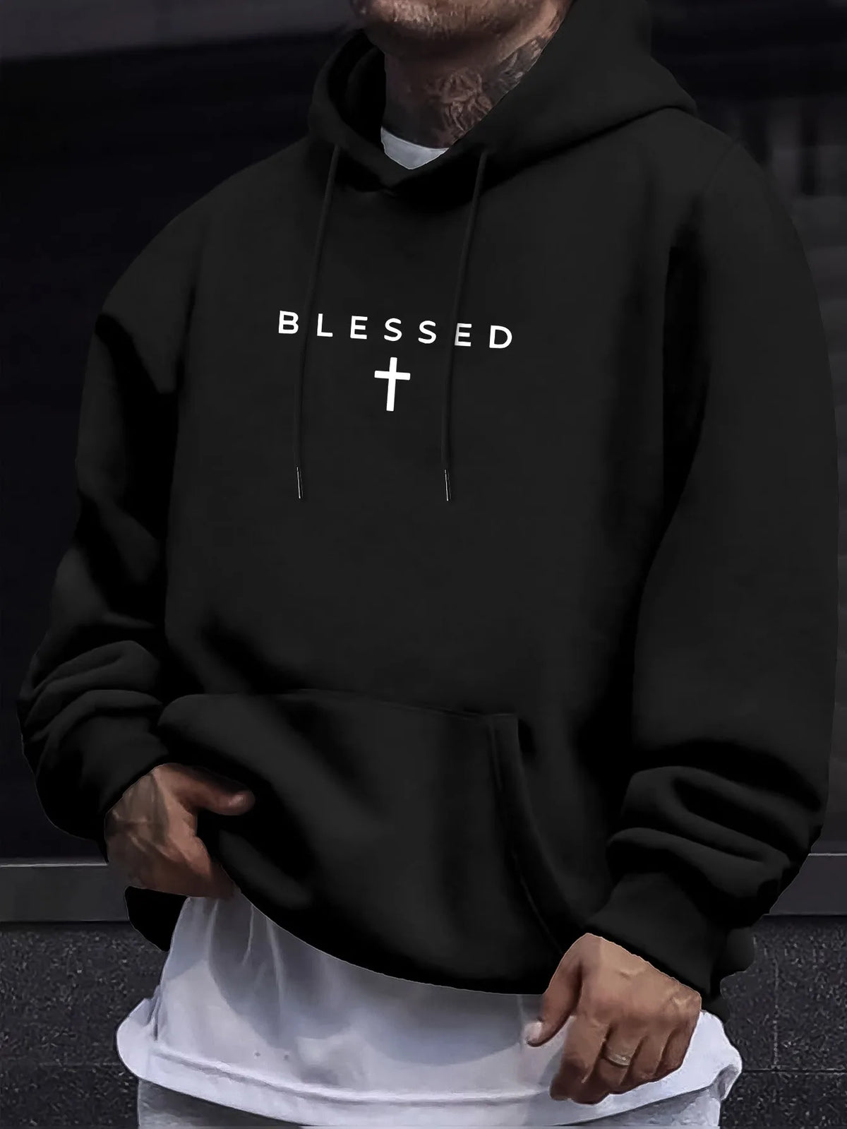 Men's Fall/winter Casual Comfortable Hooded Sweater with Blessing Cross Pattern and Geometric Designs in A Loose Fit.