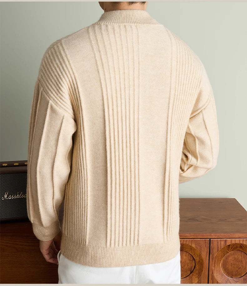 Luxury New Men's knitted sweater coat fashion jacquard zipper half high collar thicken warm soft comfort solid color cardigan