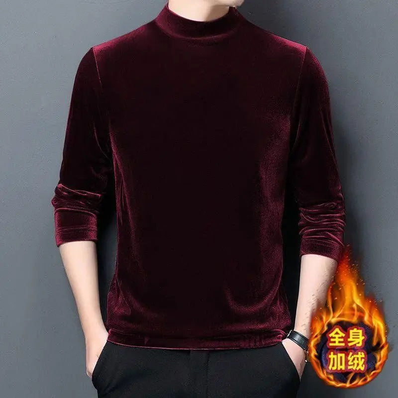 Men's Sweatshirt Velvet Half Turtleneck Sweater Autumn Winter Printed Long-sleeved Top Versatile