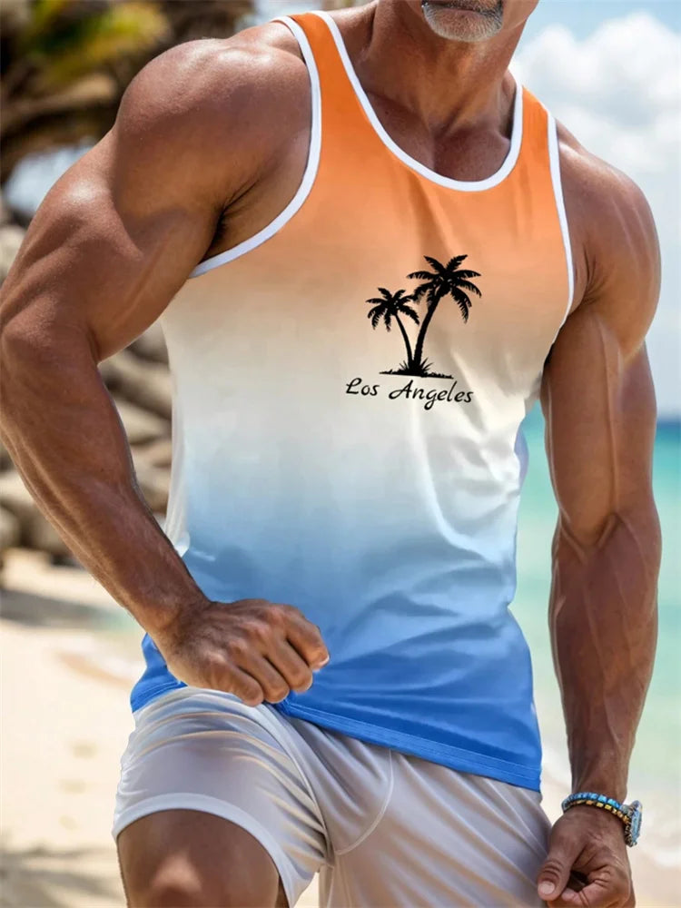 New Summer Men's Sleeveless T-Shirt Men's Outdoor Hawaii Classic Travel Wear Plus-Size Round Neck Palm Leaf 3D Printed Vest