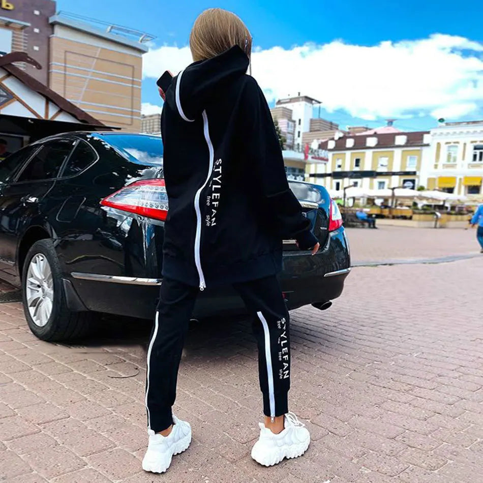 Fashion Women's 22-piece Suit Long Zipper Front and Back with Letter Printing Loose Long Sweater + Trousers Suit